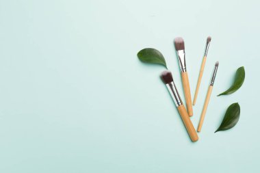 Natural biodegradable makeup brushes on color background, top view
