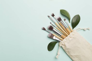 Natural biodegradable makeup brushes on color background, top view