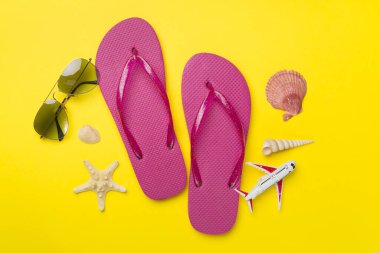 Güneş gözlüklü terlikler ve arka planda uçak, üst görünüm