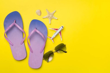 Güneş gözlüklü terlikler ve arka planda uçak, üst görünüm