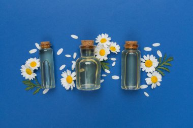 İçinde papatya çayı bulunan şişeler esaslı yağ ve renk arka planında çiçekler, üst görünüm