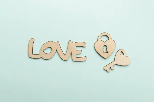 Wooden Word Love Hearts Color Background Top View — Stock Fotó