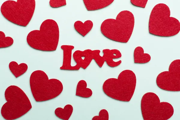 Felt Word Love Hearts Color Background Top View — Fotografia de Stock