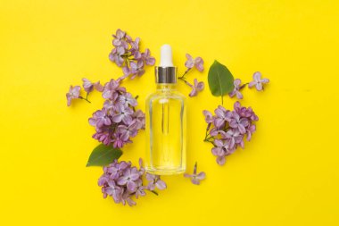 Renk arkaplanında çiçekler olan yüz serumu, üst görünüm