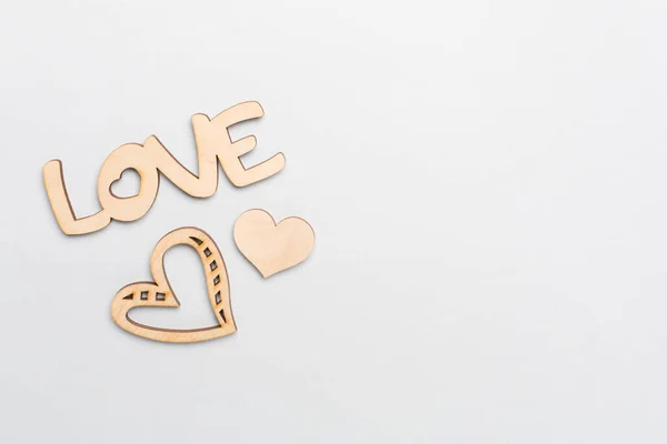 Wooden Word Love Hearts Color Background Top View — Stock Fotó