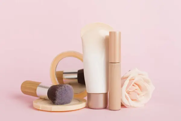 Composition with makeup products for skin tone on table