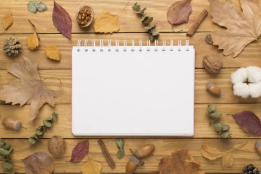 Ahşap zemin üzerinde defter ile sonbahar yaprakları, üst görünüm