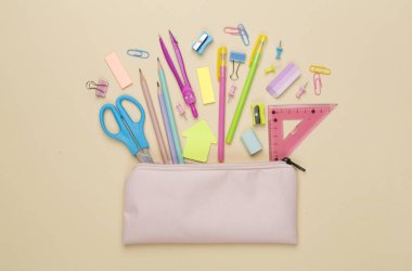 Renkli arka plan üzerinde okul kırtasiyesi olan pembe kalem kutusu, üst görünüm