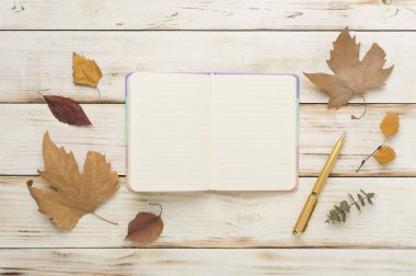 Ahşap zemin üzerinde defter ile sonbahar yaprakları, üst görünüm