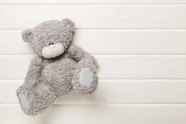 Cute Teddy Bear Wooden Background Top View — 图库照片