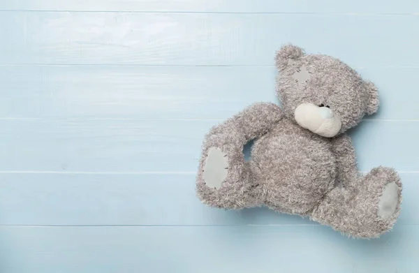Cute Teddy Bear Wooden Background Top View — 图库照片