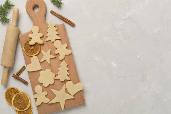 Flat Lay Cute Homemade Christmas Cookies Concrete Background Top View — Stock Photo, Image
