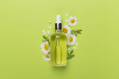 Şişe papatya çayı esaslı yağ ve çiçek rengi arka planda, üst görünüm