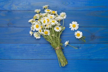 Ahşap arka planda küçük bir buket papatya çiçeği.