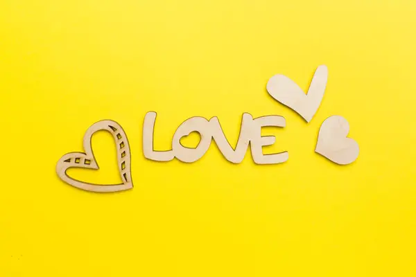 Wooden Word Love Hearts Color Background Top View — Fotografia de Stock