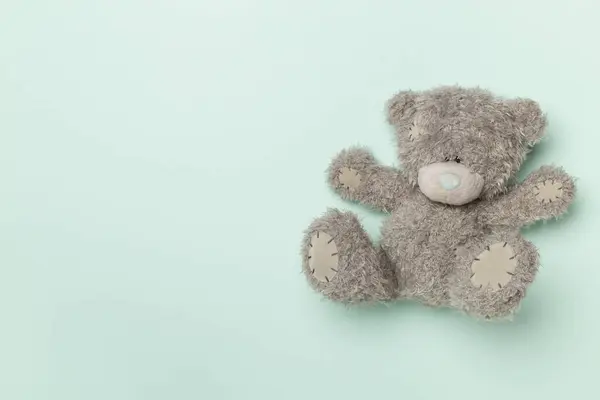 Cute Teddy Bear Color Background Top View — Foto Stock