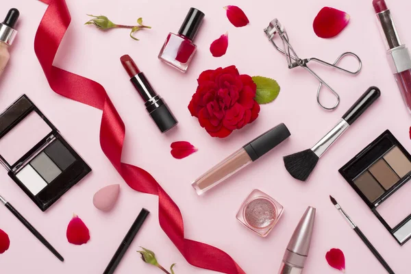 Flat Lay Makeup Products Tools Flowers Color Background Stock Photo