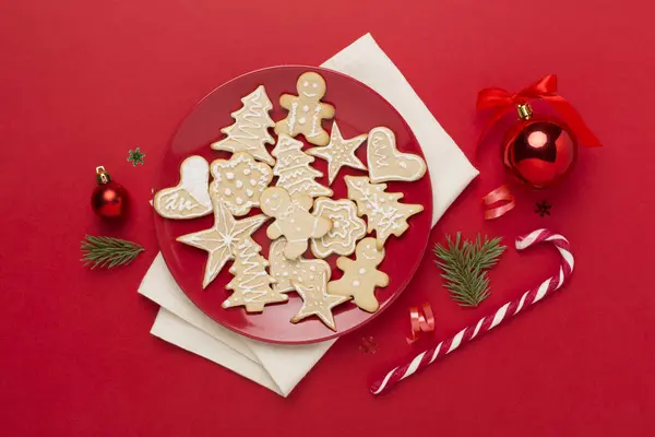 Cute Homemade Christmas Cookies Decor Color Background Top View — Stock Photo, Image