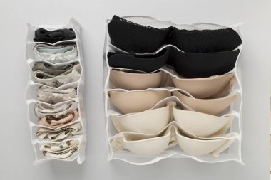 Renk arkaplanı, üst görünüm iç çamaşırı düzenleyicileri