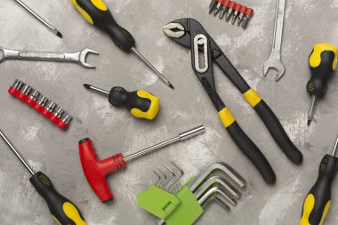 Somut arkaplan üzerinde araç kümesi, üst görünüm