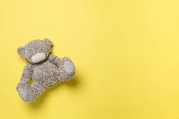 Cute Teddy Bear Color Background Top View — Fotografia de Stock