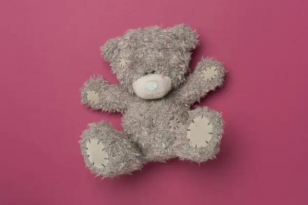 Cute Teddy Bear Color Background Top View — Foto Stock