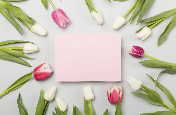 Bright tulips on color background, top view. Greeting card mockup