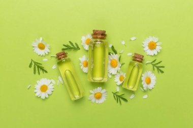 İçinde papatya çayı bulunan şişeler esaslı yağ ve renk arka planında çiçekler, üst görünüm