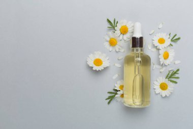 Şişe papatya çayı esaslı yağ ve çiçek rengi arka planda, üst görünüm