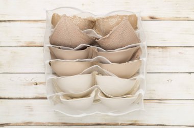 Ahşap arka planda iç çamaşırı düzenleyicisi, üst görünüm