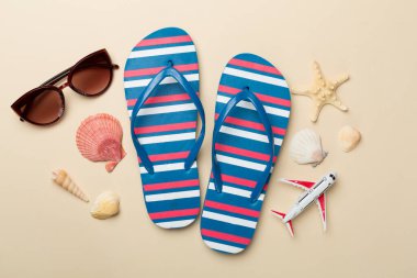 Güneş gözlüklü terlikler ve arka planda uçak, üst görünüm