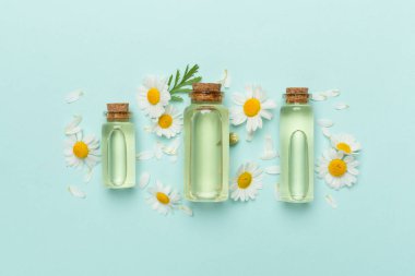 İçinde papatya çayı bulunan şişeler esaslı yağ ve renk arka planında çiçekler, üst görünüm