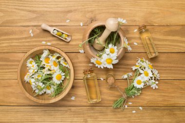 Ahşap arka planda gerekli yağ ve papatya çiçekleri ile kompozisyon, üst görünüm