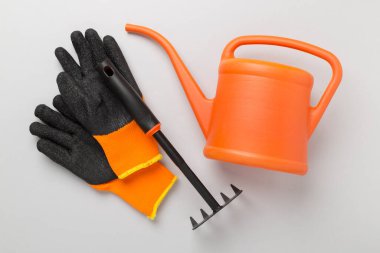 Ahşap arka planda turuncu bahçe araçları, üst görünüm