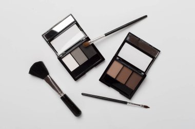 Renk arkaplanında fırçalar olan göz gölgeleri, üst görünüm