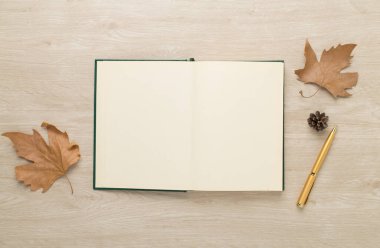 Ahşap zemin üzerinde defter ile sonbahar yaprakları, üst görünüm