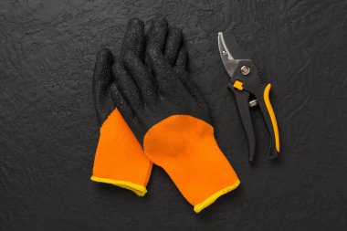 Beton zemin, üst, görünüm Secateurs ve eldivenler