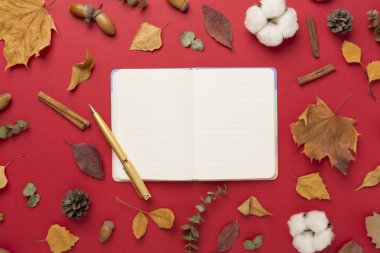 Renk arkaplanı ve üst görünümü üzerinde defter bulunan sonbahar yaprakları