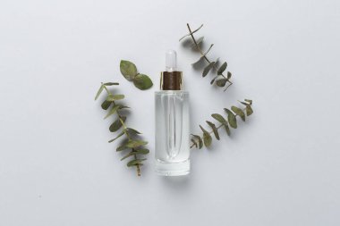 Renk arkaplan üzerinde bitkisel yüz serumu, üst görünüm