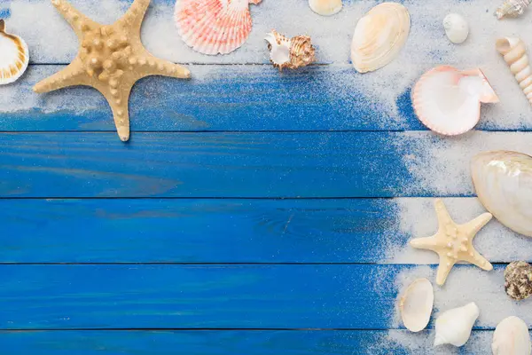 Deniz kabukları, deniz yıldızı ve ahşap arka planda kum, üst manzara.