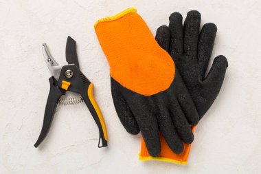 Beton zemin, üst, görünüm Secateurs ve eldivenler