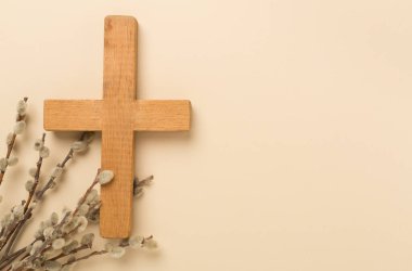 Söğüt dalları ile renk arkaplan, üst, görünüm. Palm Sunday konsepti