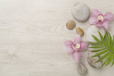 Orkideli kompozisyon ve ahşap zemin üzerinde masaj taşları, üst görünüm