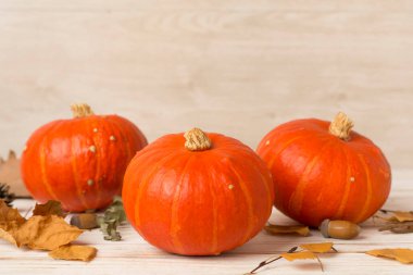 Masada sonbahar dekoru olan turuncu balkabakları