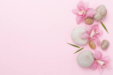 Renkli arkaplanda orkideler ve masaj taşlarıyla kompozisyon, üst görünüm