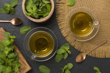 Beton zeminde taze nane çayı, üst manzara.