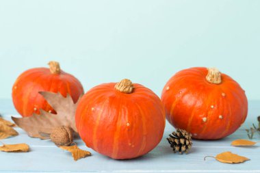 Ahşap masada sonbahar desenli turuncu balkabakları