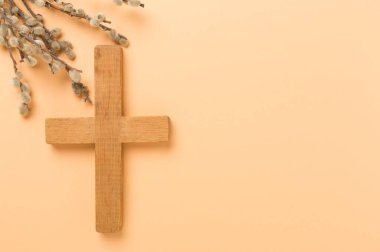 Söğüt dalları ile renk arkaplan, üst, görünüm. Palm Sunday konsepti