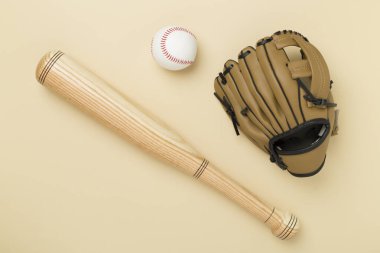 Beyzbol eldiveni ve top renkli arka planda, üst görünümde