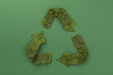 Renk arkaplanındaki yeşil yapraklardan yapılmış geri dönüşüm sembolü, üst görünüm